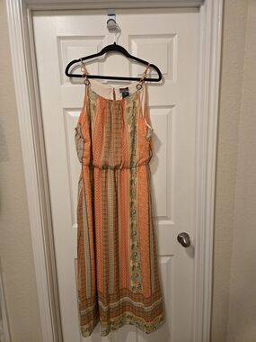Boho Striped Orange Maxi Dress with Floral Trim